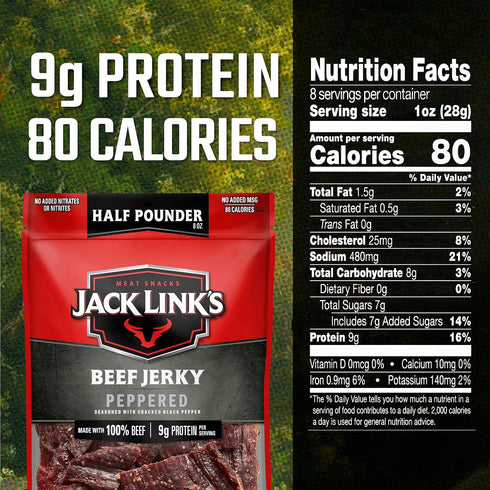 9g 100% Jack Link's Beef Jerky, Peppered, Half Pounder Large Jerky Bag - Flavorful Meat Snack, Ready to Eat Protein