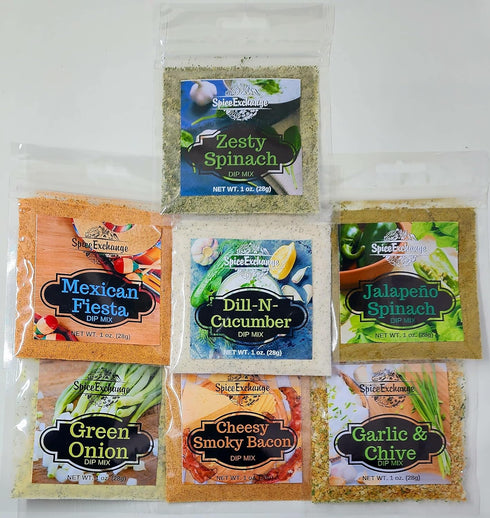 Spice Exchange Dip Mix Variety Pack - 7 Flavor - Green Onion, Cheesy Smoky Bacon, Jalapeno Spinach, Garlic & Chive,