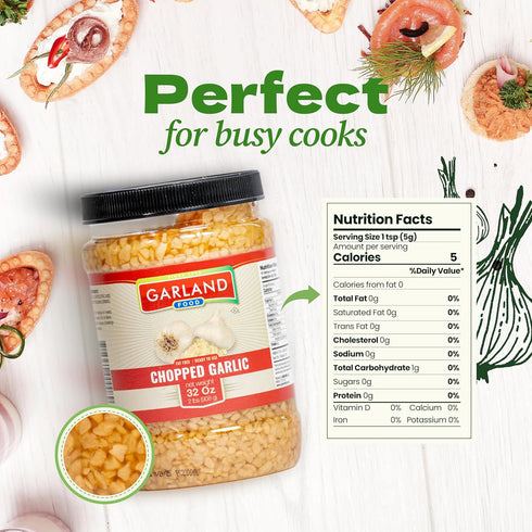 (32 oz) Garland Food Chopped Garlic in Jar - Convenient Garlic Chopped in Water for Cooking, Time-Saving Prep