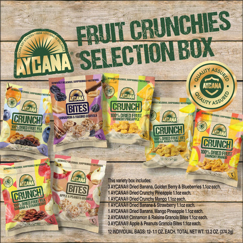 Pack, 12 Aycana Fruit Crunchies Dried Fruit & Granola Bites Banana, Golden Berry, Blueberry, Pineapple, Mango