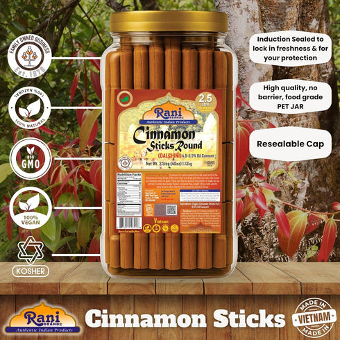 40oz (2.5lbs) 1.13kg 220-250 3+ Inches Rani Cinnamon Sticks Bulk PET Jar - Sticks - Strong Aroma, Perfect for Baking