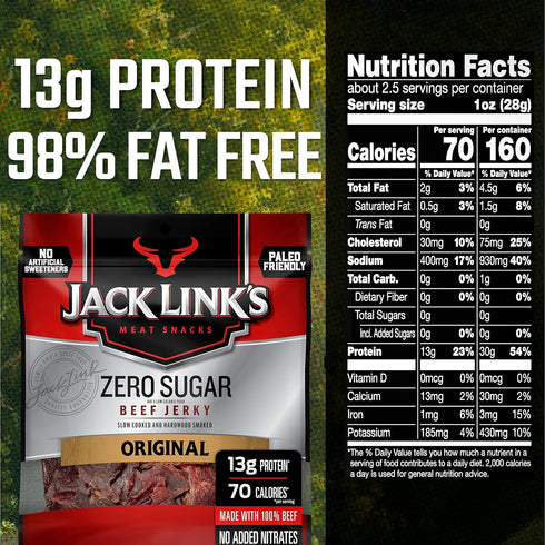 13g 70 2.3 oz Jack Link's Beef Jerky, Zero Sugar, Paleo Friendly Snack with No Artificial Sweeteners, of Protein