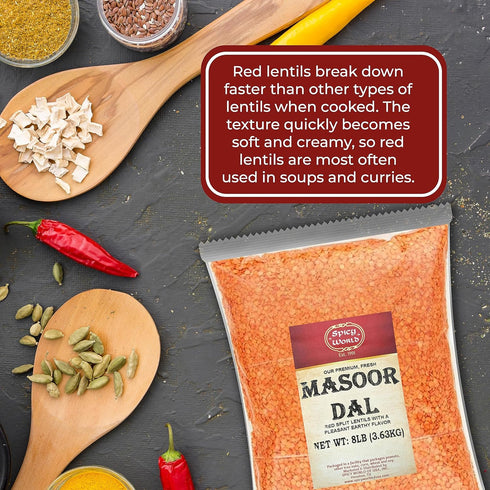 Spicy World 8 (128oz) Masoor Dal Pound Bag - Red Lentils Split - All Natural