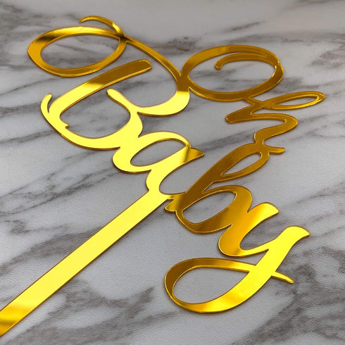 Baby Shower Cake Topper, Larger Size Acrylic Mirror Gold “OH BABY” Sign for New Baby Party Decorations