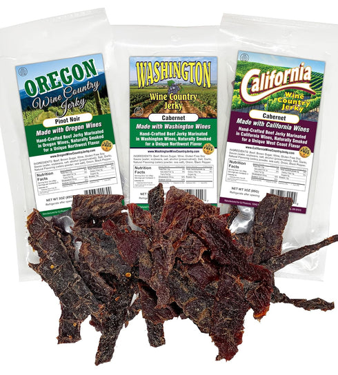 GJ Products Wine Country Jerky - Variety 3-Pack Gift Set - Beef Jerky Marinated