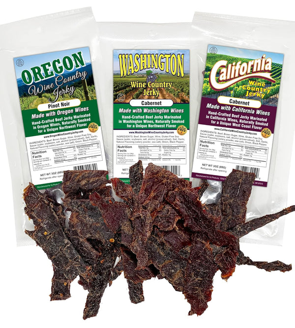 GJ Products Wine Country Jerky - Variety 3-Pack Gift Set - Beef Jerky Marinated