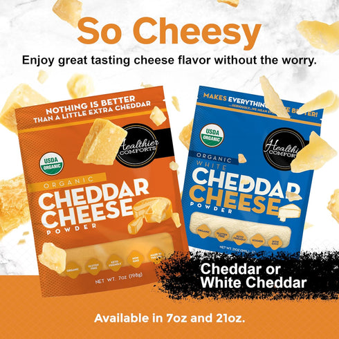 (21 oz) Healthier Comforts Organic Cheddar Cheese Powder | Gluten Free, Keto-Friendly, Non-GMO, Antibiotic & Hormone