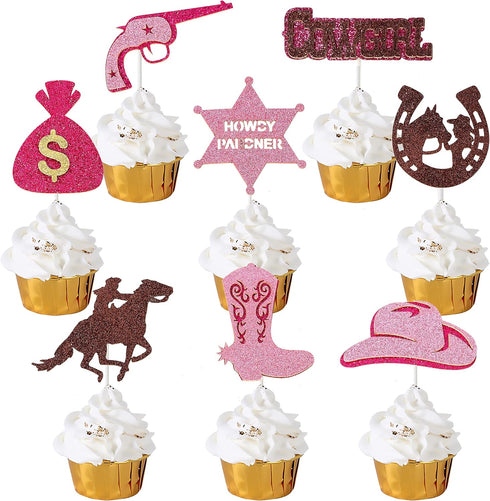 24 Pcs Cowgirl Party Cupcake Toppers, Pink Western Decorations for Kids Birthday Party, Baby Shower Supplies