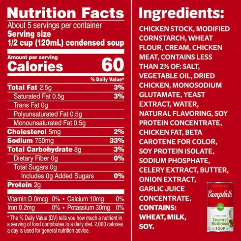 98% 22.6 oz (12 Pack) Campbell's Condensed Fat Free Cream of Chicken Soup, Family Size Can