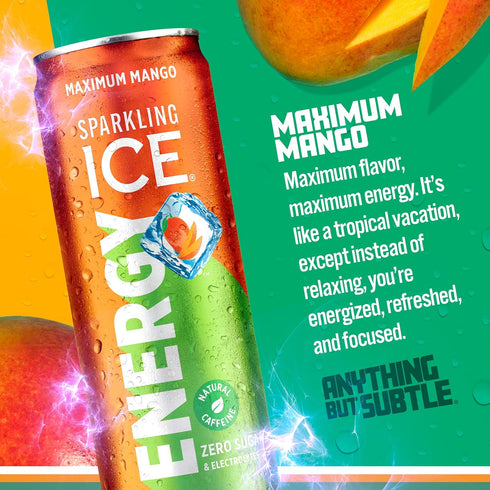 12Pk. 12 oz Sparkling Ice Energy Maximum Mango Energy Drinks with Vitamins + Antioxidants, Zero Sugar. fl cans.