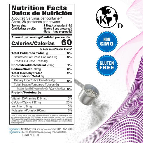 16 Oz 1 Pack DairySky Lactose Free Milk Powder - Non GMO Fat Free Powdered Milk for Baking & Coffee, Kosher
