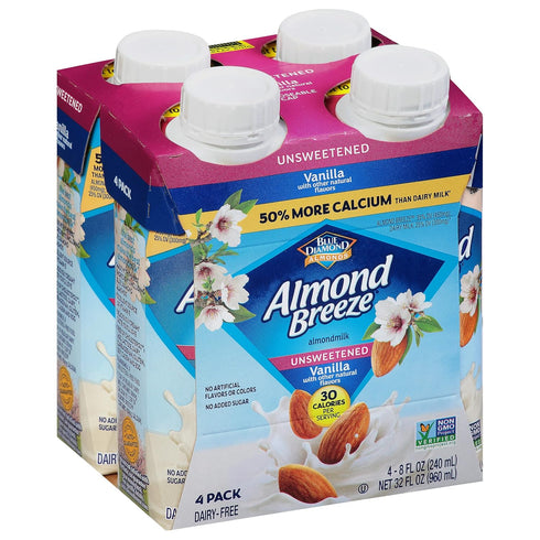 8 Pack 4 Almond Breeze, Dairy Free Almondmilk, Unsweetened Vanilla, Ounce