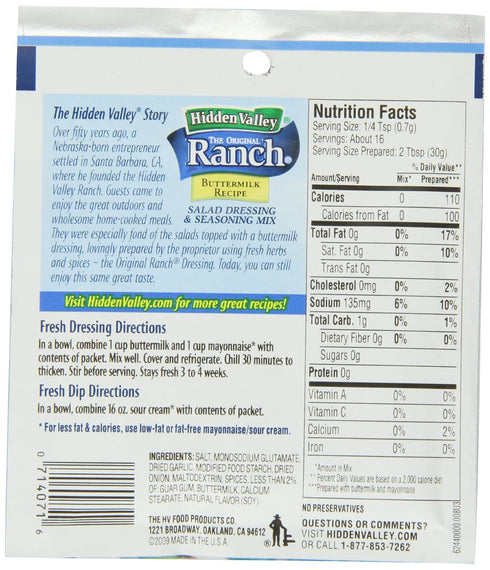Hidden Valley Buttermilk Ranch Salad Dressing & Seasoning Mix, Gluten Free, 1 Packet (Package May Vary)