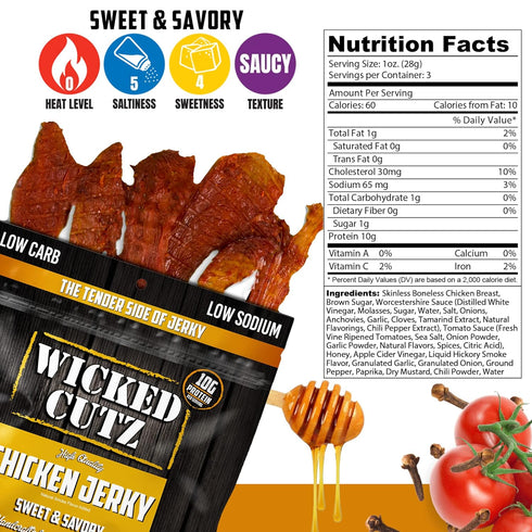 30g (2 Wicked Cutz Sweet & Savory Chicken Jerky, Protein Per Bag, Tender & Easy to Chew Alternative to Chicken Sticks