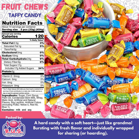 (70 1 lb (1 Fruit Chews Candy Assorted Fruity Flavors Individually Wrapped Pieces) Bulk Bag Soft & Chewy Taffy Candy