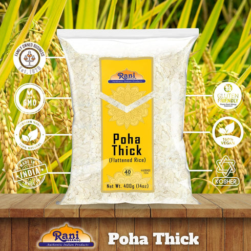 14oz (400g) Rani Poha (Powa) Thick Medium-Cut (Flattened Rice) ~ All Natural, Salt-Free | Vegan | Kosher | No Colors |