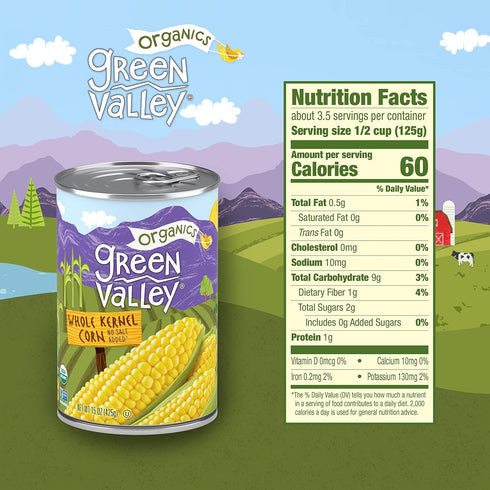 100% 15 (Pack 12) Green Valley Organics Whole Kernel Corn | Certified Organic | Non-GMO Project Verified | Supersweet