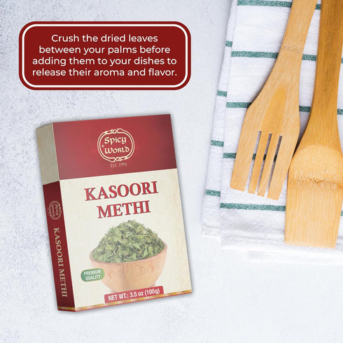 Spicy World Dried Fenugreek Leaves (Kasoori Methi) 3.5oz Box (100g) - All Natural, Vegan, Gluten Friendly, NON-GMO