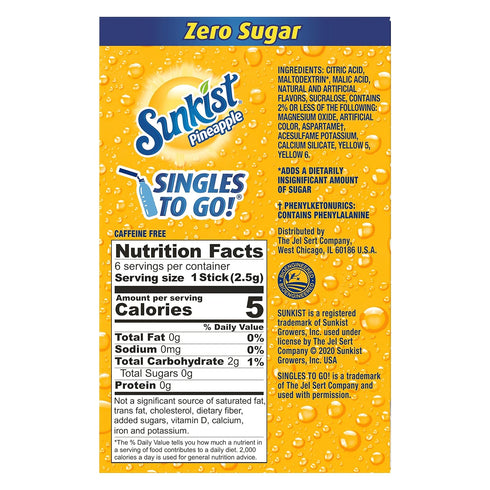 6 (Pack 6) Sunkist Singles-To-Go Drink Mix, Pineapple, Non-Carbonated, Low-Calorie, Zero Sugar, CT in each box