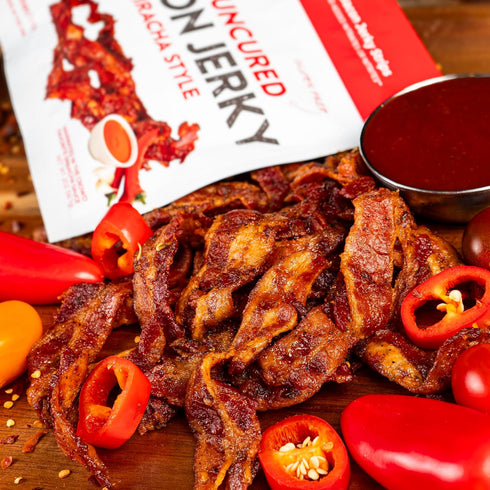 12g (2 Sriracha Flavored Bacon Jerky, Protein Per Bag, Tender & Easy to Chew Fully Cooked Bacon, USA Made, High Protein