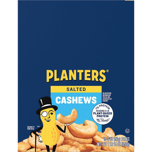 PLANTERS Salted Cashews, Roasted Cashews, Snacks for Adults, 2 oz Packages, 15