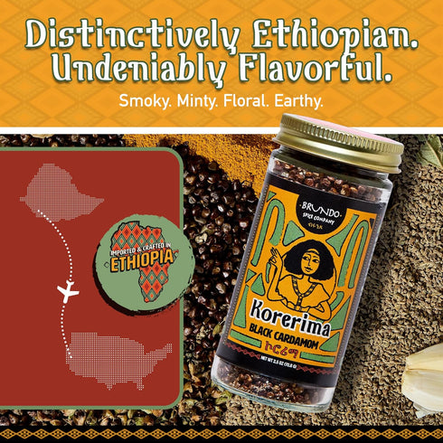 Brundo Spice Company Ethiopian Korerima, Authentic Black Cardamom, Hand-Picked & Naturally Processed 2.5oz