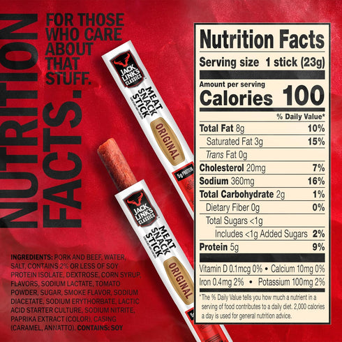 5g 0.8 Oz. (Pack 20) Jack Link's Classics Meat Sticks, Original - Protein Snack, Meat Snack Sticks with of Protein