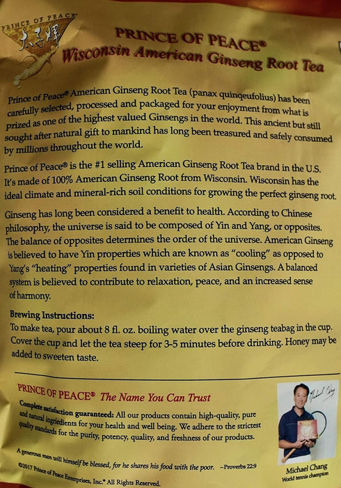 100% 80 Prince of Peace American Wisconsin Ginseng Root Tea, Tea Bags