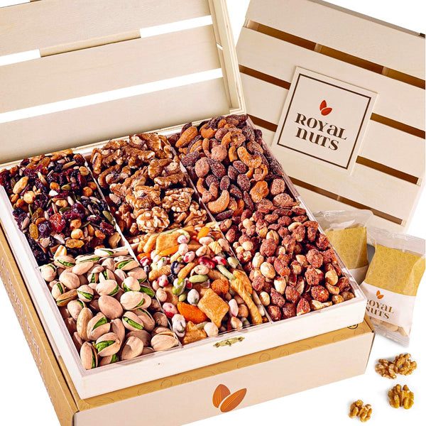 Royal Nuts Gift Basket Gourmet Mixed & Assorted Nuts in Reusable Wooden Crate |