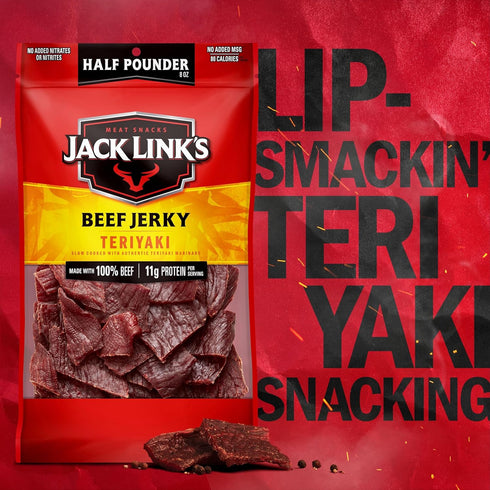 Jack Link's Beef Jerky, Teriyaki, Half Pounder Large Bag - Flavorful Meat Snack with 11g Protein per Serving