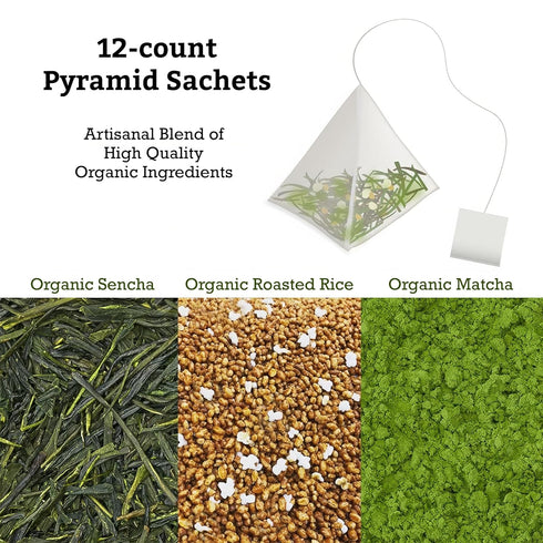 SUGIMOTO TEA Japanese Organic Matcha Genmaicha Tea Bags, 12 Count Pack