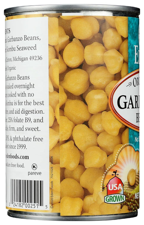 15 oz Eden Organic Garbanzo Beans, Can, No Salt, Non-GMO, Gluten Free, Vegan, Kosher, U.S. Grown, Heat and Serve