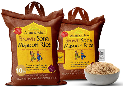 10-Pound 10lbs (4.54kg) Asian Kitchen Brown Sona Masoori Aged Rice Bag, Short Grain Rice ~ All Natural | Gluten