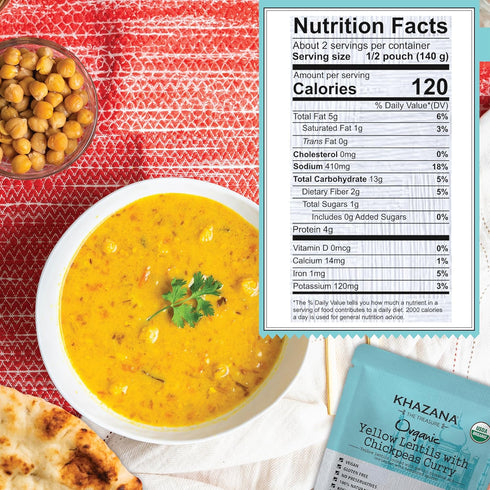 (Pack 1, 10oz 90 Khazana Organic Ready to Eat Meals - Yellow Lentils with Chickpeas Curry of Pouches) - Non-GMO, Vegan