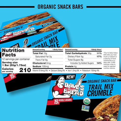 12 (Pack 1) Dave's Killer Bread Trail Mix Crumble Organic Snack Bars, Individually Wrapped Snack Bars