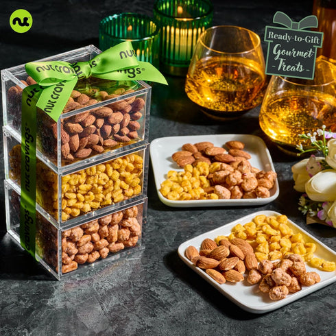 (3 Package, NUT CRAVINGS - Mothers Day Treats, Mixed Nuts Acrylic Tower Gift Basket with Ribbon Tier Assortment) Treats