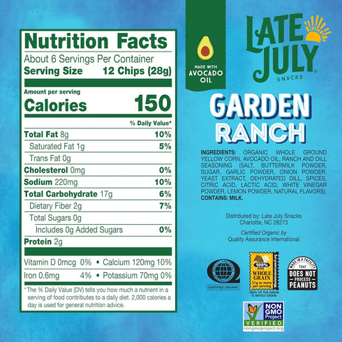6 Oz LATE JULY Snacks Garden Ranch Tortilla Chips, Bag