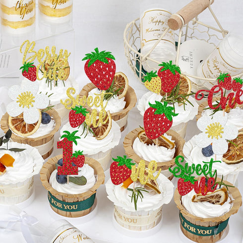 Rsstarxi 30 Pack 1st Sweet One Cupcake Toppers Berry First Birthday Decorations Glitter Strawberry Birthday Cupcake
