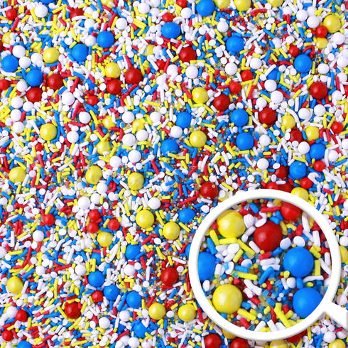 Sprinkle Pop Crash! Boom! Pow! Sprinkle Mix, Red Yellow Blue White Sprinkles for Superhero Themed Birthday