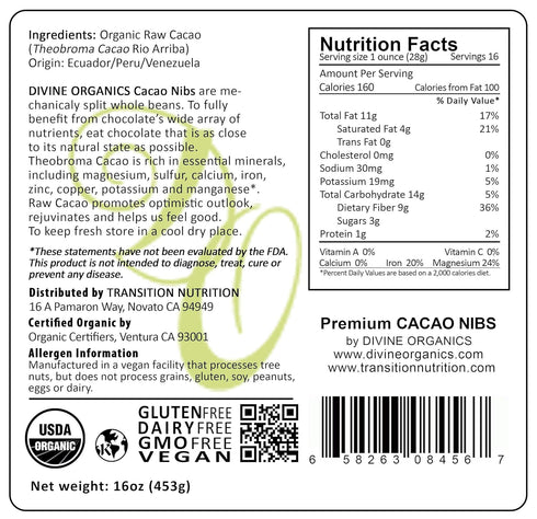 (16oz) Divine Organics Raw Cacao/Cocoa Nibs - Certified Organic - Premium Rio Arriba - Smoothies, Baking, Snacks