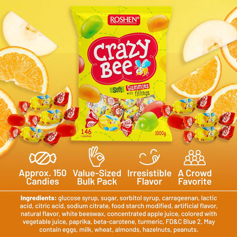 2.2 lbs (1 150 Roshen Crazy Bee Jelly Candy, Assorted Fruit Flavors with Soft Fruit Filling, Bulk kg), Approx. Pieces