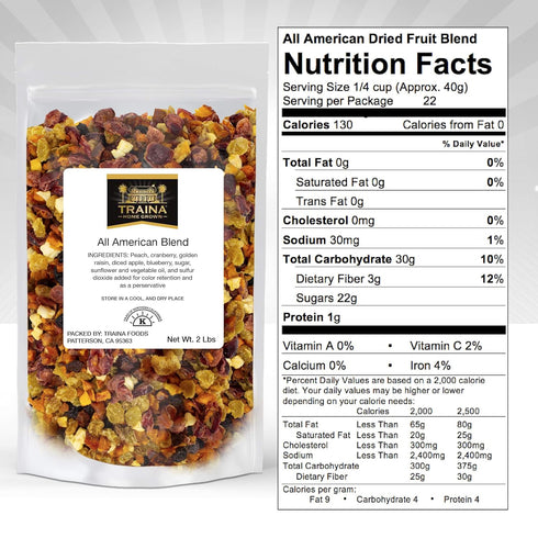(2 lbs) Traina Home Grown All American Dried Fruit Blend - Peaches, Sweetened Cranberries, Golden Raisins, Sweetened