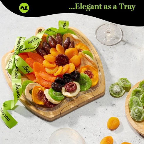 (9 Package NUT CRAVINGS - Dried Fruit Flower Bouquet Arrangement in Wooden Apple-Shaped Gift Basket + Tray Assortment)