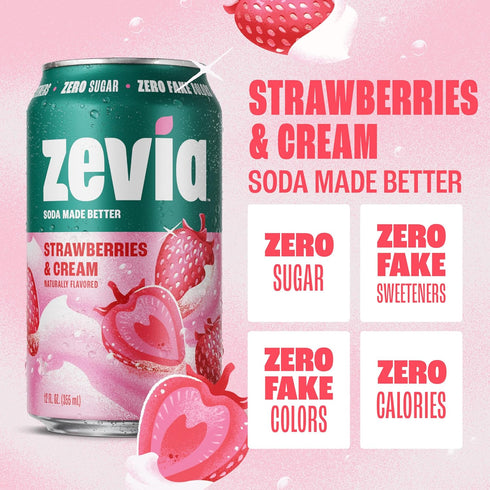 12 oz (24-Pack) Zevia Zero Sugar Soda, Strawberries and Cream, Cans Caffeine Free, Naturally Sweetened, No Calorie Soda