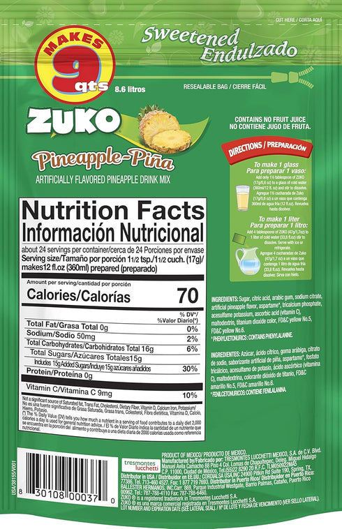 Pack, 14.1 oz (Pack 6) Zuko Pineapple Powdered Drink Mix Family No Added Sugar Needed