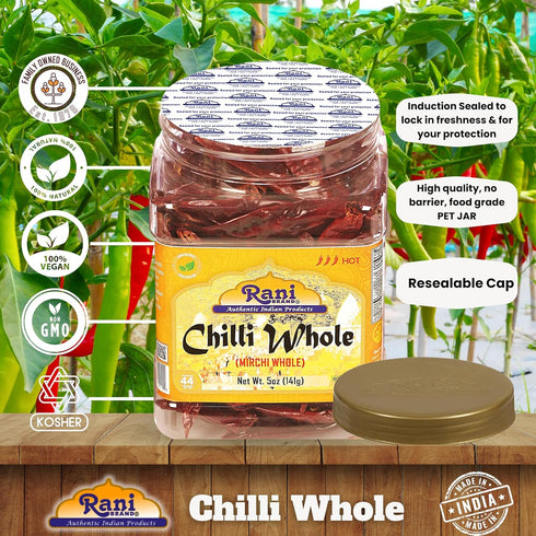 Rani Chilli Whole (Lal Mirch Sabut), 5oz (141g) PET Jar - All Natural, Vegan, Gluten Friendly