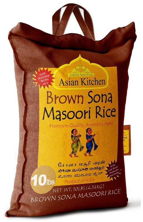 10-Pound 10lbs (4.54kg) Asian Kitchen Brown Sona Masoori Aged Rice Bag, Short Grain Rice ~ All Natural | Gluten