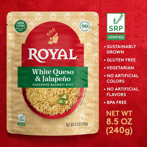 8.5 oz (Pack 6) Royal White Queso & Jalapeno Basmati Rice - Ready to Heat Basmati Rice - Microwavable Pouch