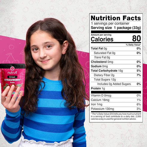 (Pack 20) 1.1 oz Packs Nutruit Dried Strawberry Snack of No Added Sugar, Healthy Fruit Snacks, Fresh, Vegan, Gluten