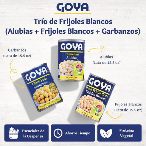 15.5 oz Goya White Bean Trio, Cannellini, Small Canned White Beans, Chick Peas, Pantry Staples for Salads, Soups